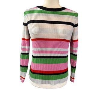 Multicolor Striped Ribbed Knit Sweater Crew Neck Back Button Women's L Work Golf